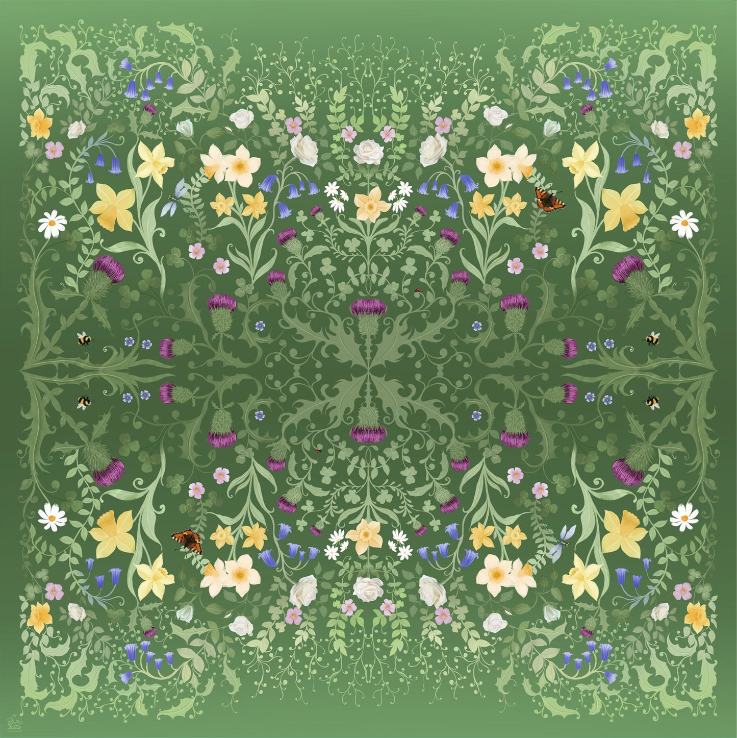 Silk scarf with a decorative pattern of flowers,  leaves, butterfiies and bumble bees  on a green background