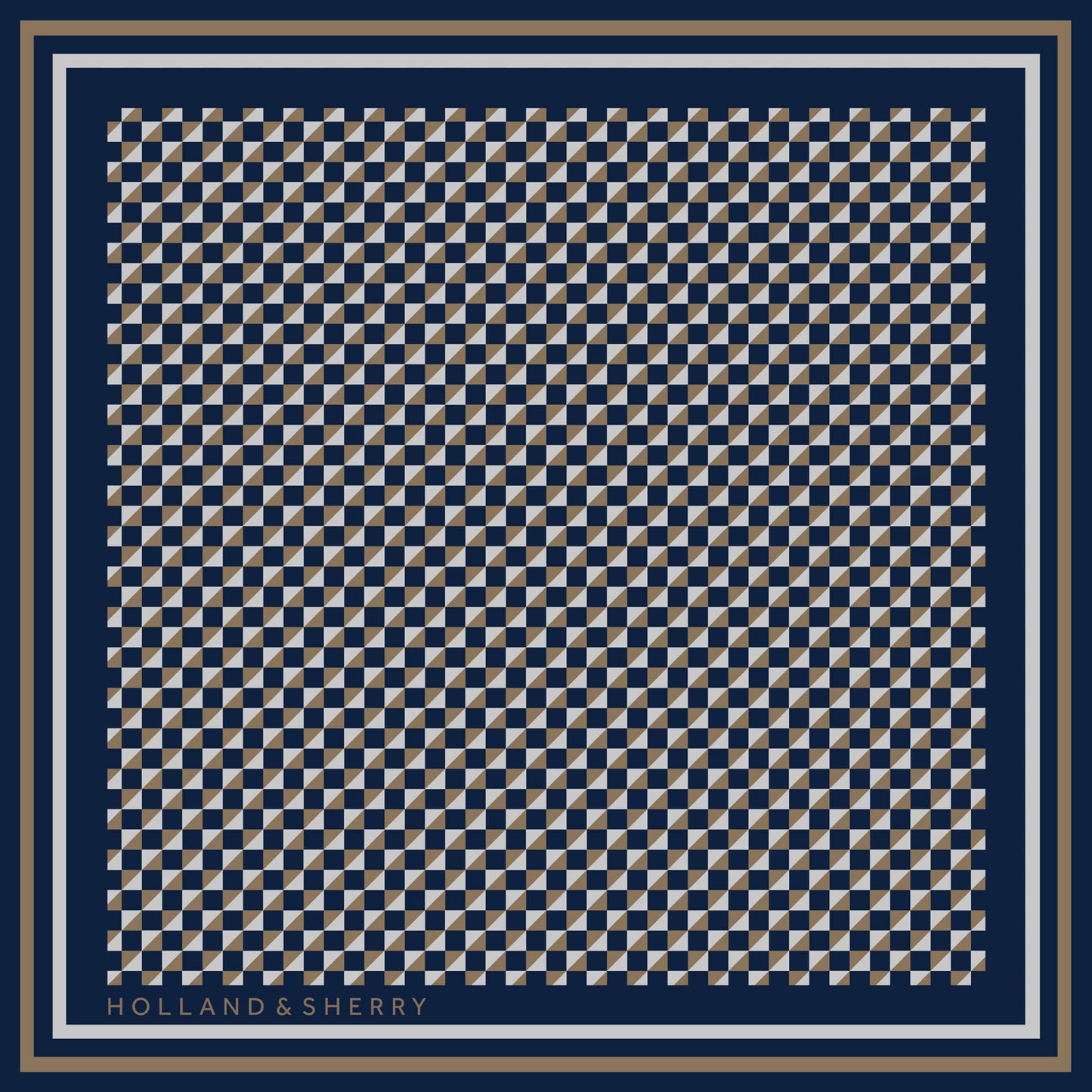 Navy blue scarf with a geometric chequerboard pattern and 'Holland & Sherry' branding.