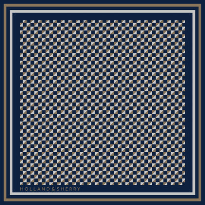 Navy blue scarf with a geometric chequerboard pattern and 'Holland & Sherry' branding.