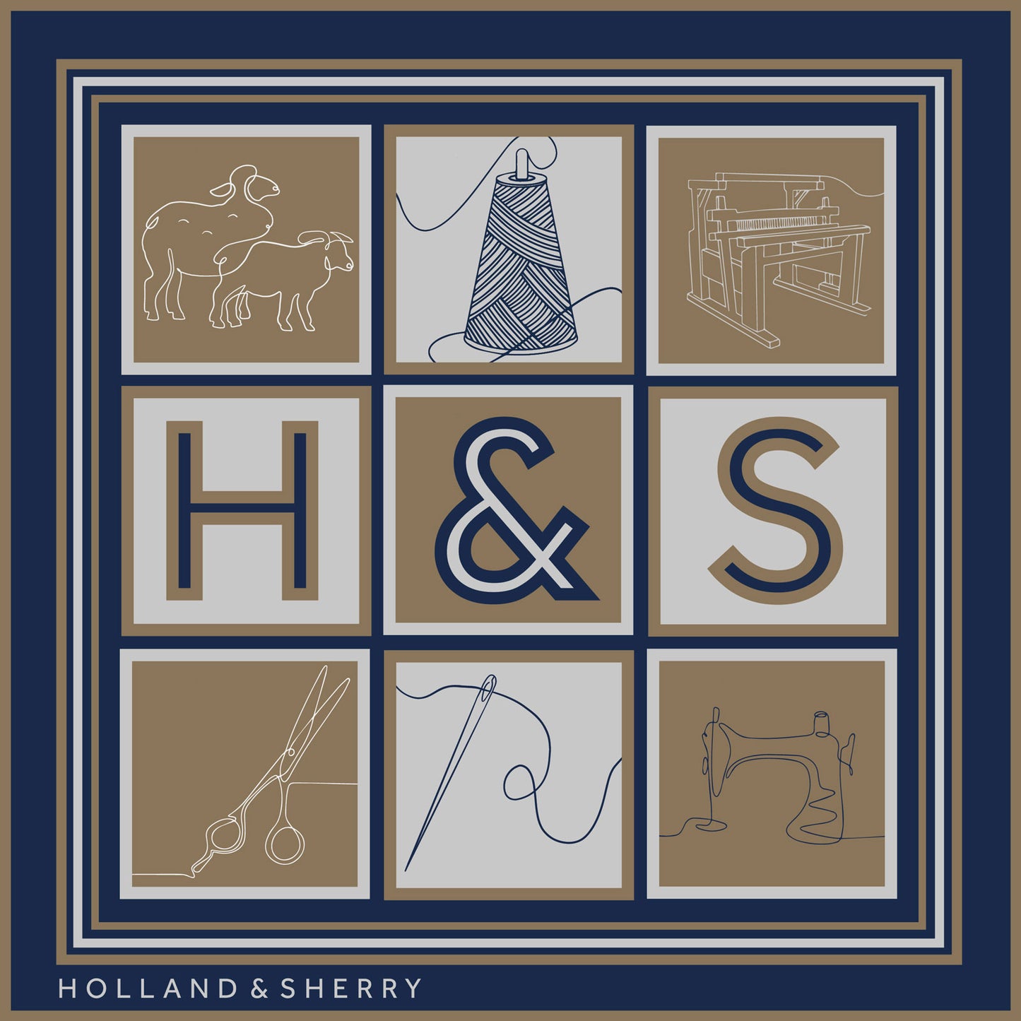 3x3 grid of weaving related  illustrations with 'H' '&' 'S' lettering and Holland & Sherry branding on a blue background