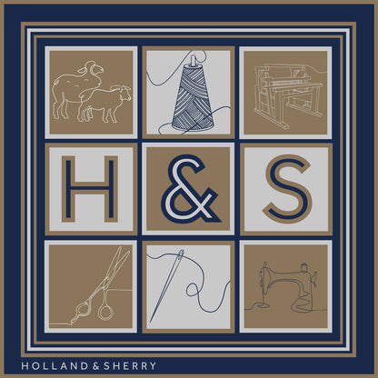 3x3 grid of weaving related  illustrations with 'H' '&' 'S' lettering and Holland & Sherry branding on a blue background