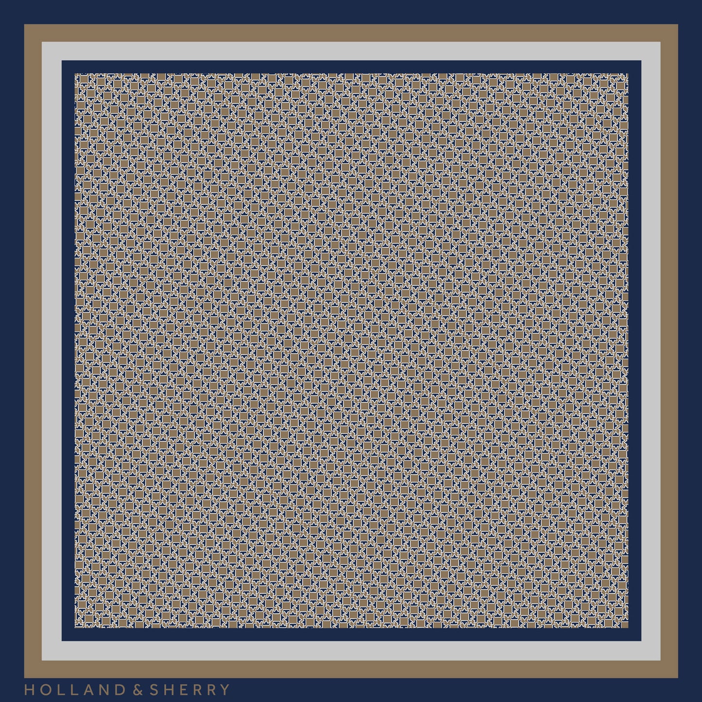Patterned scarf with a repeating lion pattern and Holland & Sherry branding
