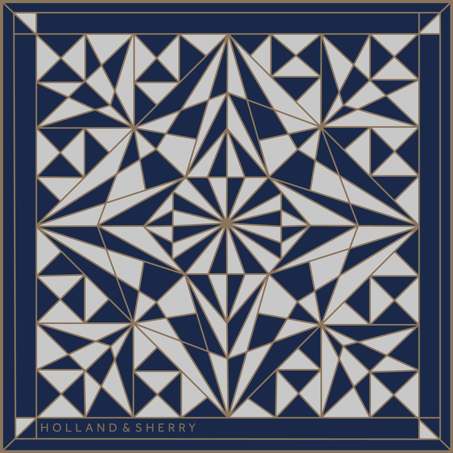 Geometric pattern with blue and white triangles with a blue border, featuring the brand 'Holland & Sherry'.