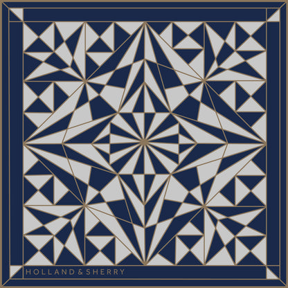 Geometric pattern with blue and white triangles with a blue border, featuring the brand 'Holland & Sherry'.