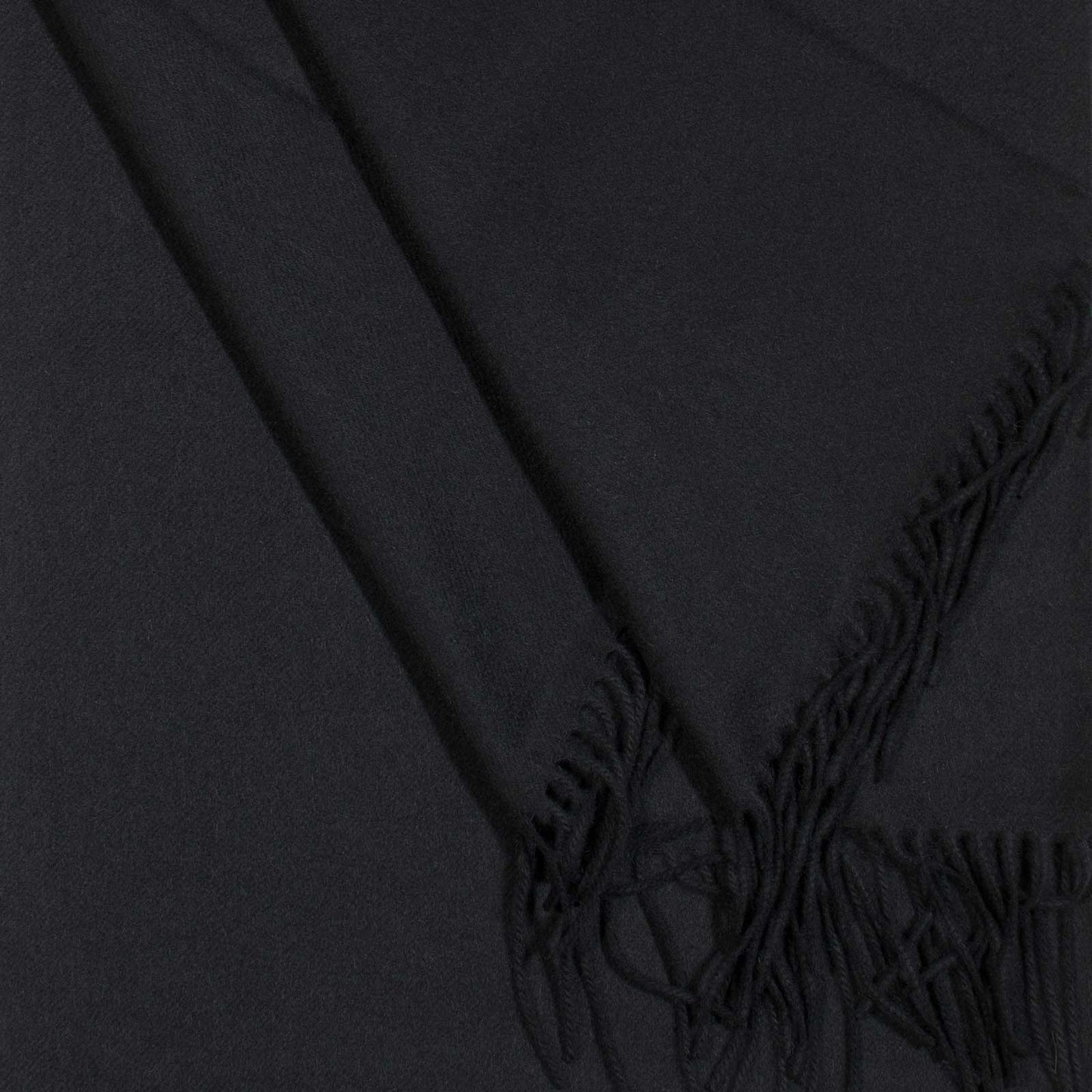 Black cashmere scarf with fringe.