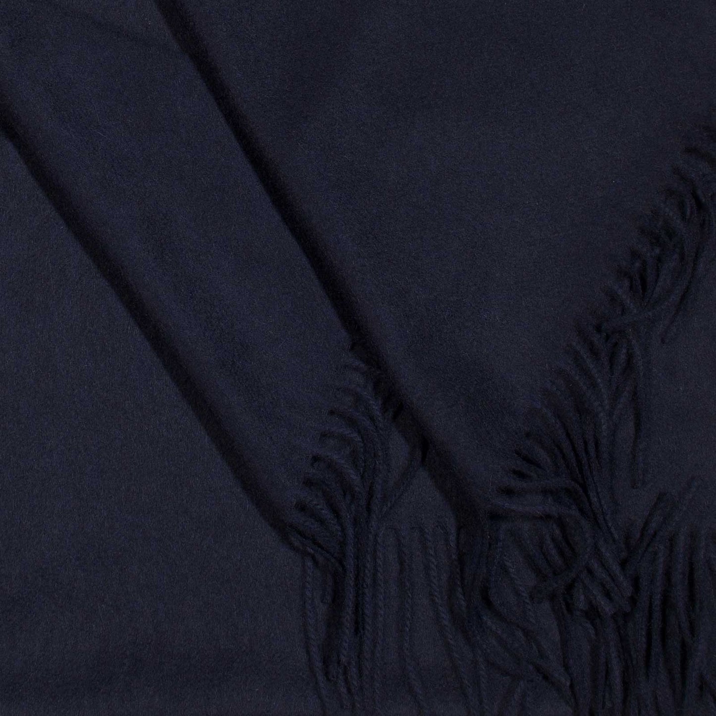Navy blue cashmere scarf with fringe.