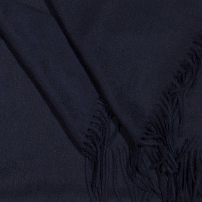 Navy blue cashmere scarf with fringe.