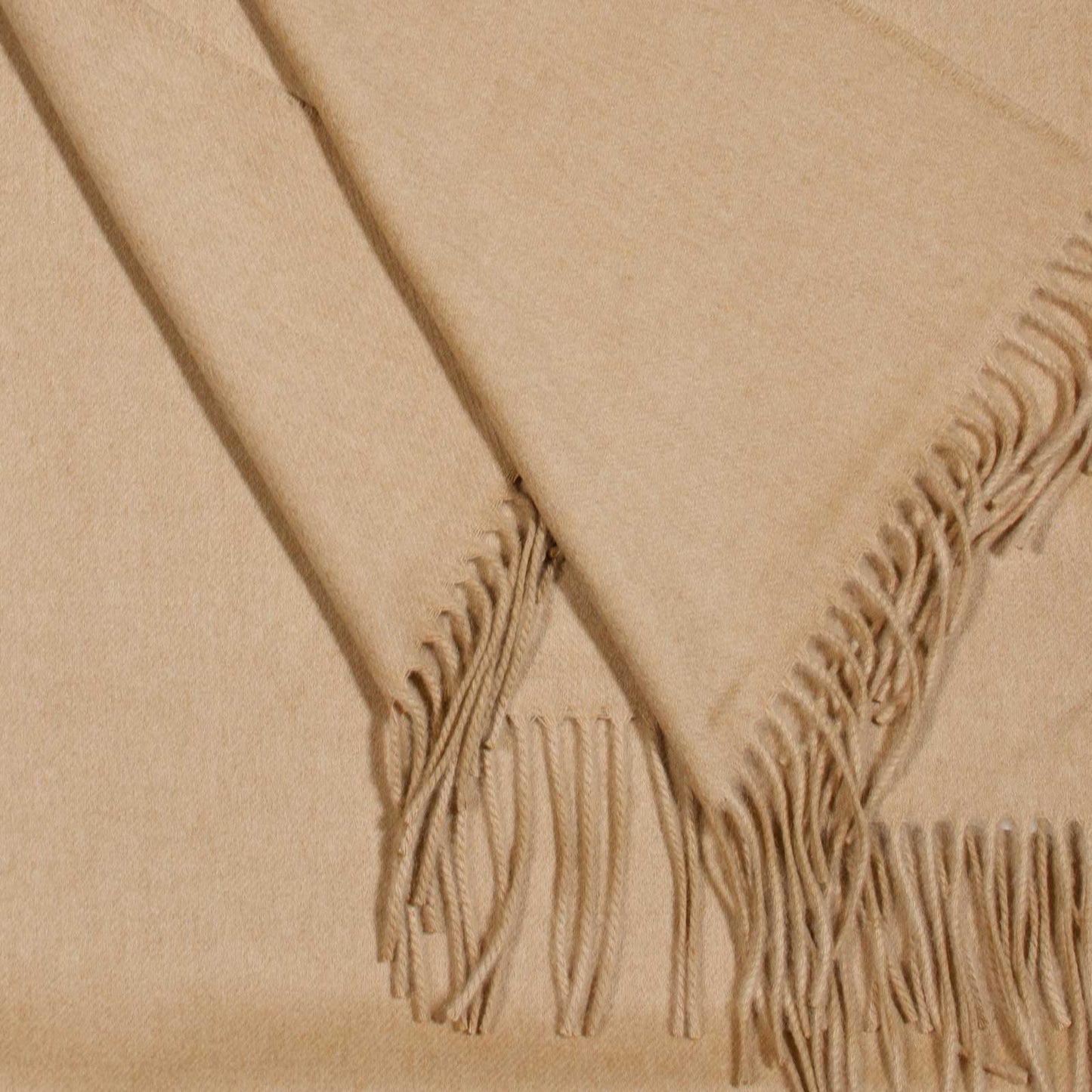 Camel cashmere scarf with fringe.