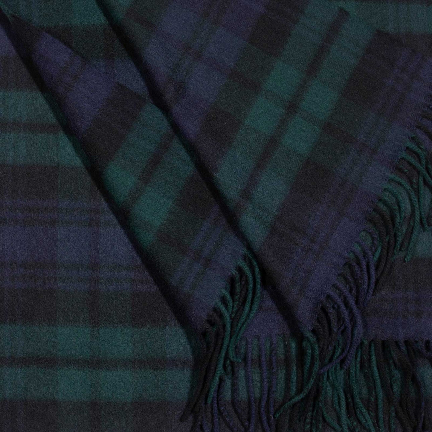 Black Watch tartan cashmere scarf with fringe.