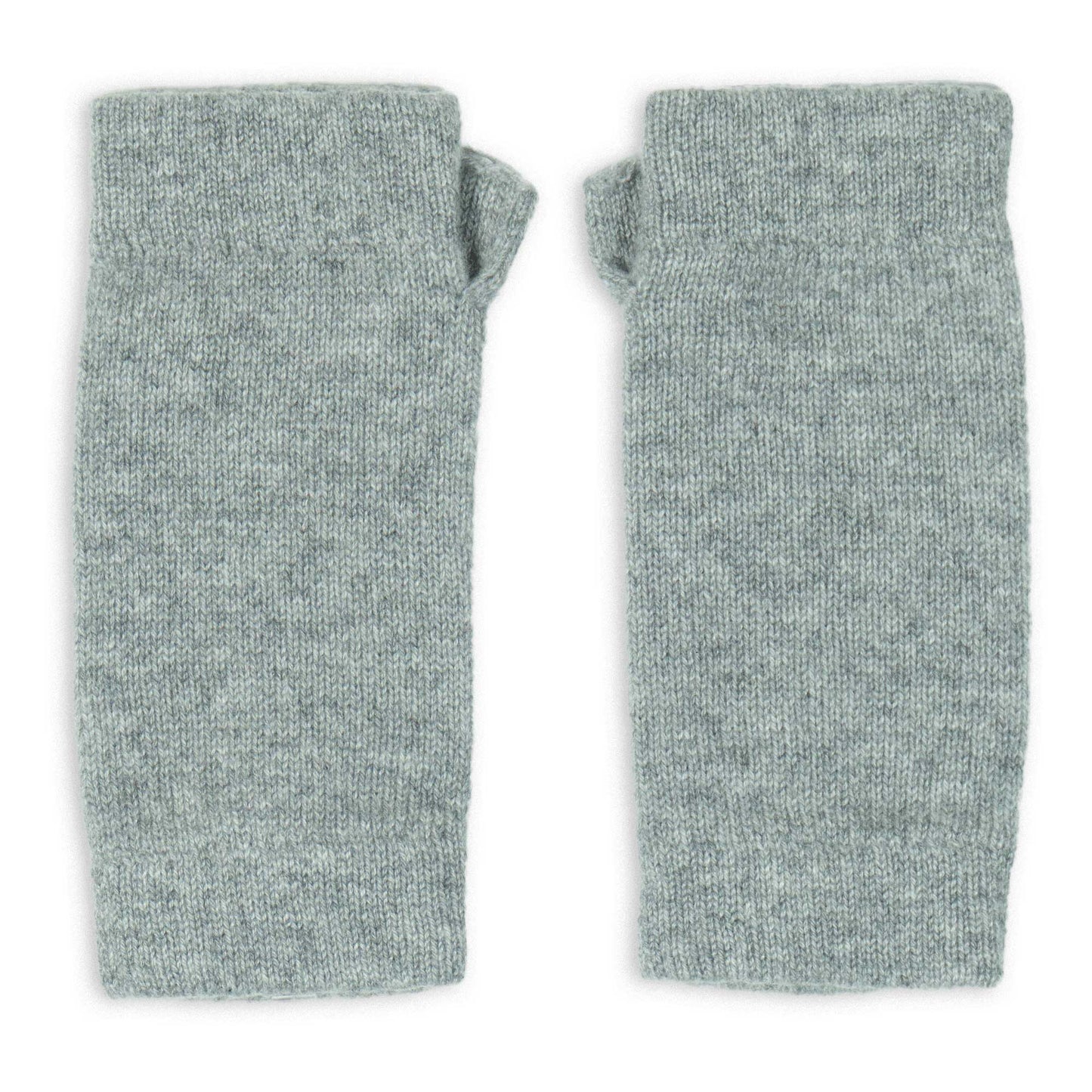 Pair of light grey wrist warmers on a white background