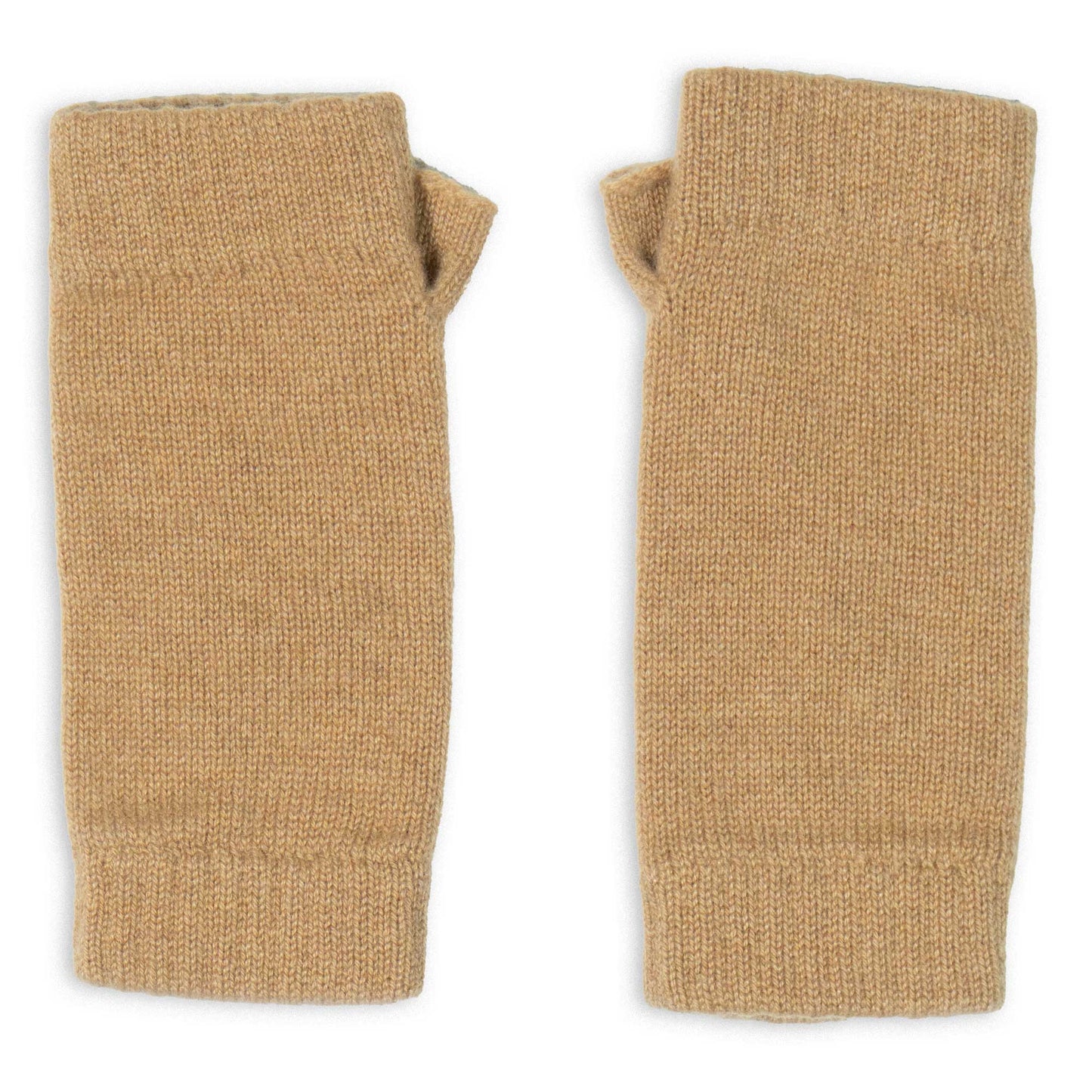 Pair of tan wrist warmers on a white background