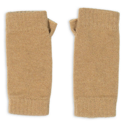 Pair of tan wrist warmers on a white background