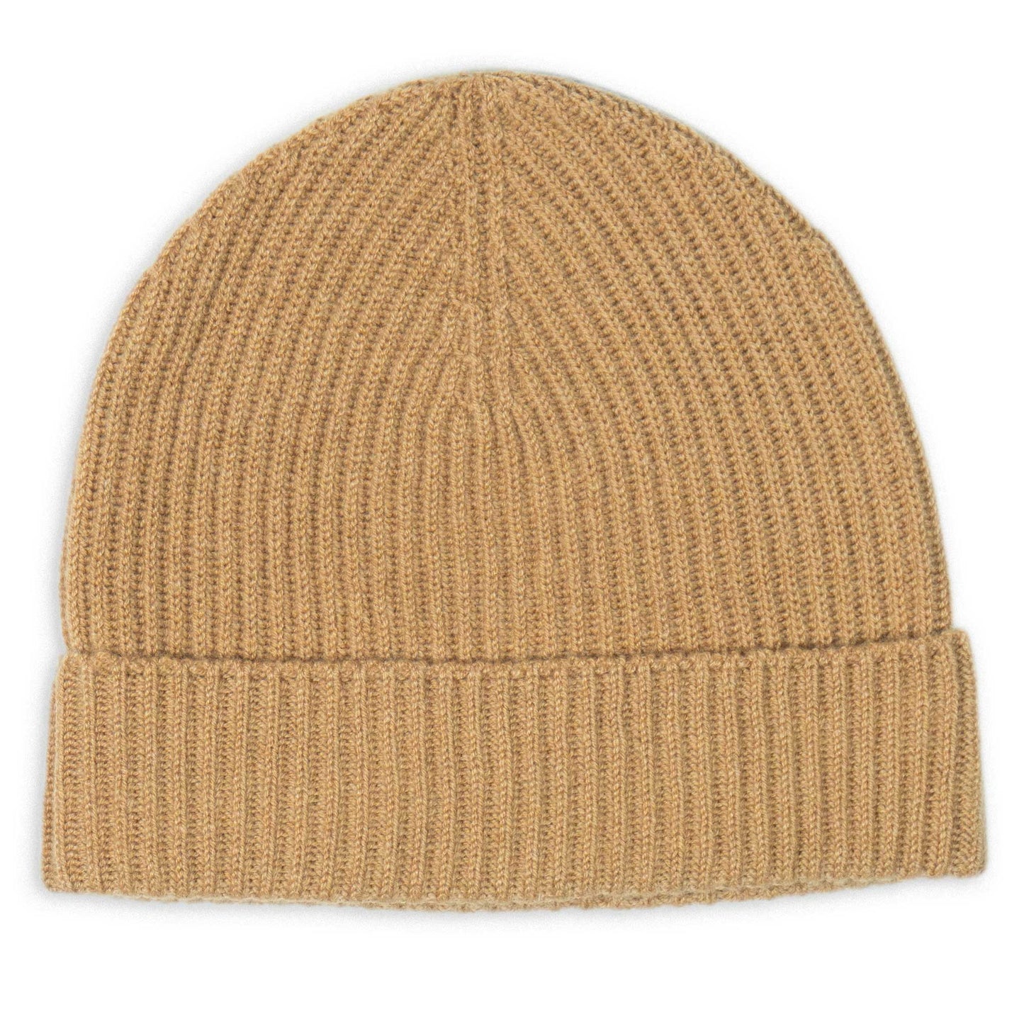 Tan cashmere beanie on a white background