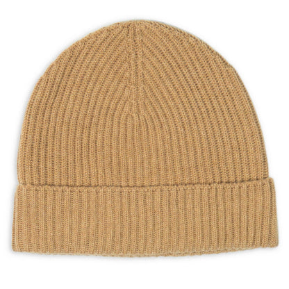 Tan cashmere beanie on a white background
