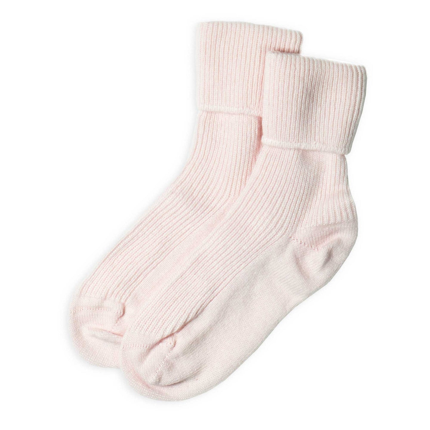 Pair of light pink cashmere socks on a white background