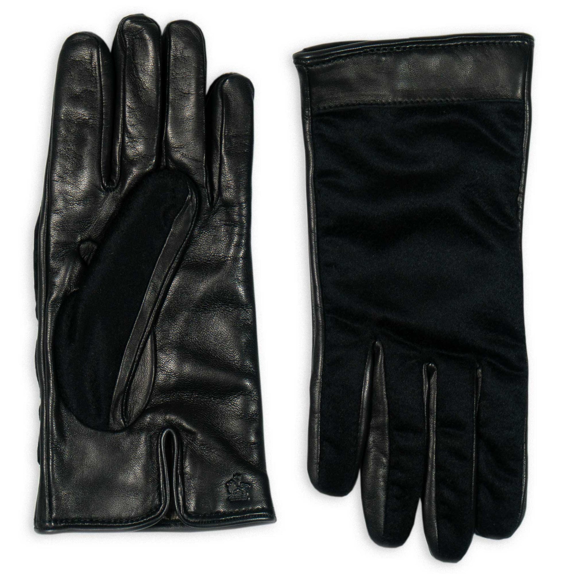 Pair of black leather gloves on a white background