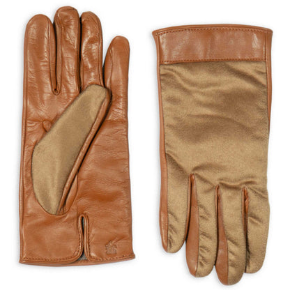 Pair of brown leather gloves with beige lining on a white background