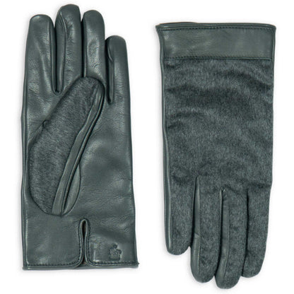 Pair of dark gray leather gloves on a white background