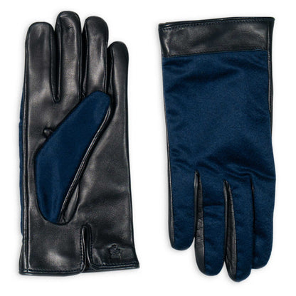 Pair of dark blue leather gloves on a white background