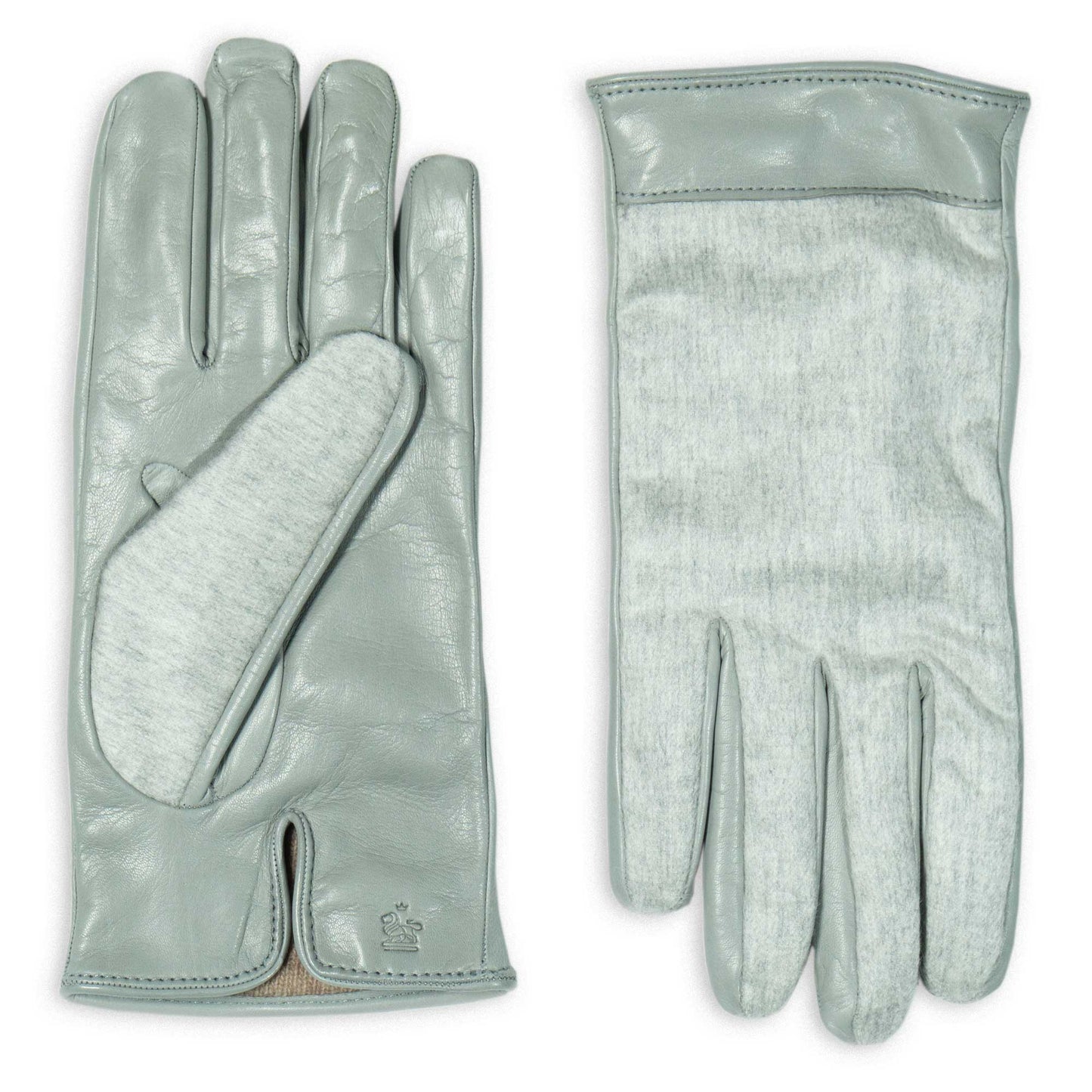Pair of light gray leather gloves on a white background