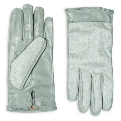 Pair of light gray leather gloves on a white background