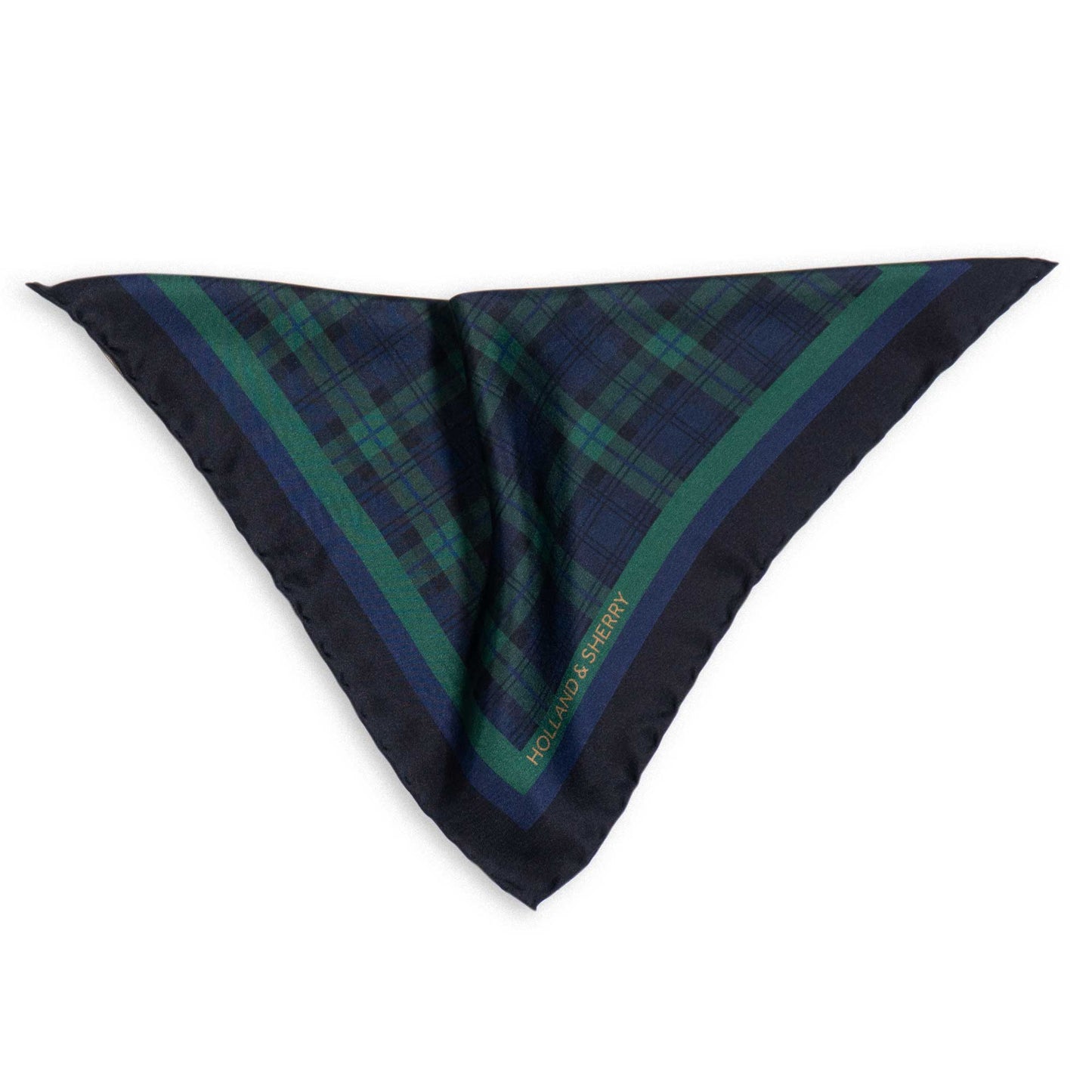 Navy and green check pocket square photographed on a white background.