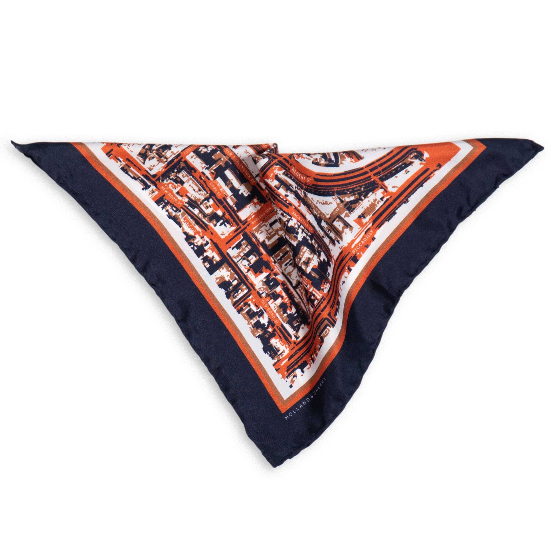 Pocket square with a stylised map design in blue, orange and white colours photographed on a white background.