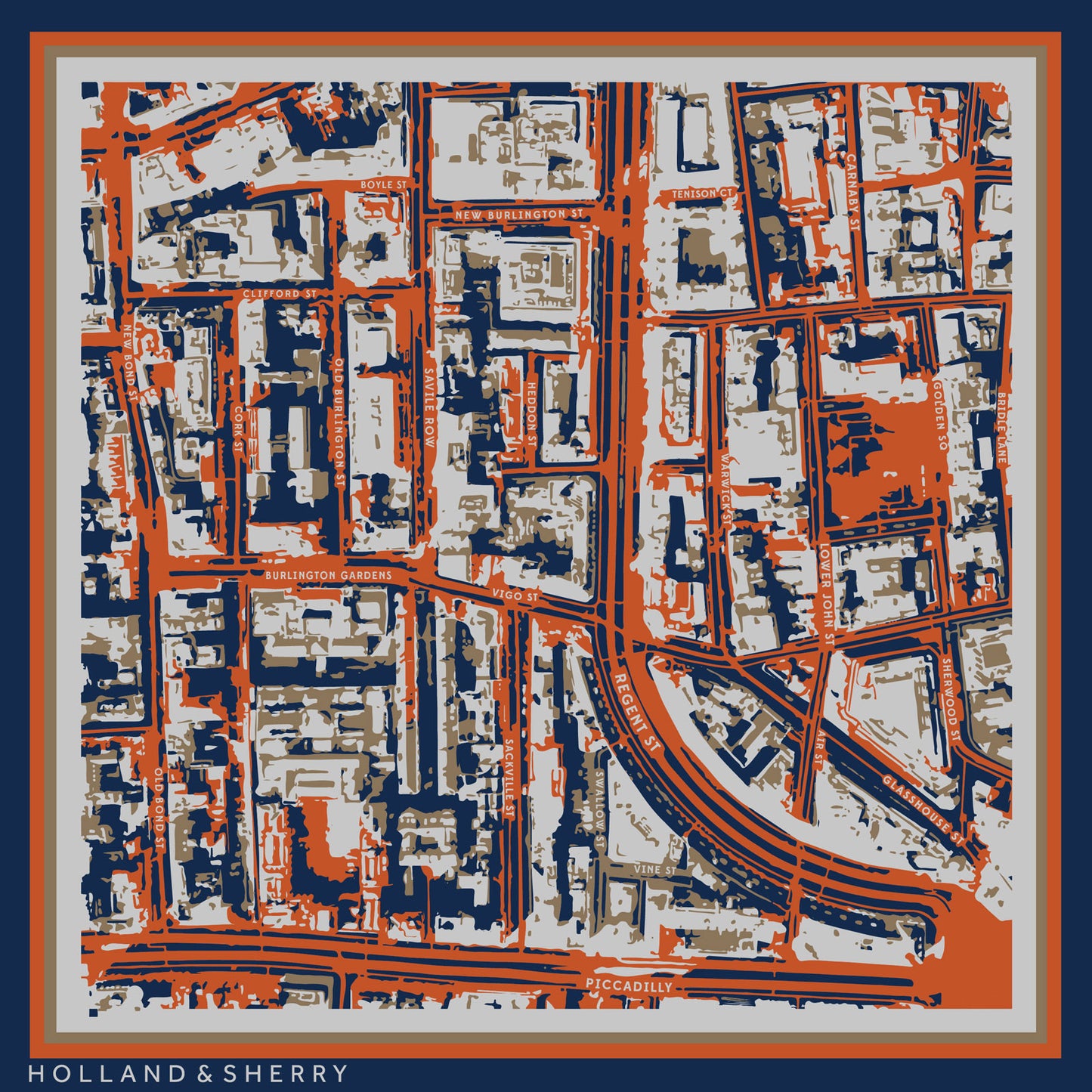 Map design with orange, blue, and grey colours, featuring the brand 'Holland & Sherry'.