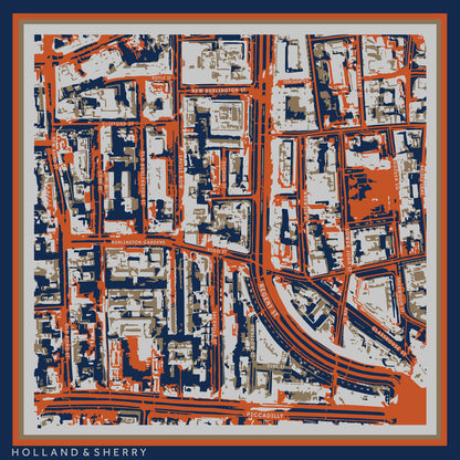 Map design with orange, blue, and grey colours, featuring the brand 'Holland & Sherry'.