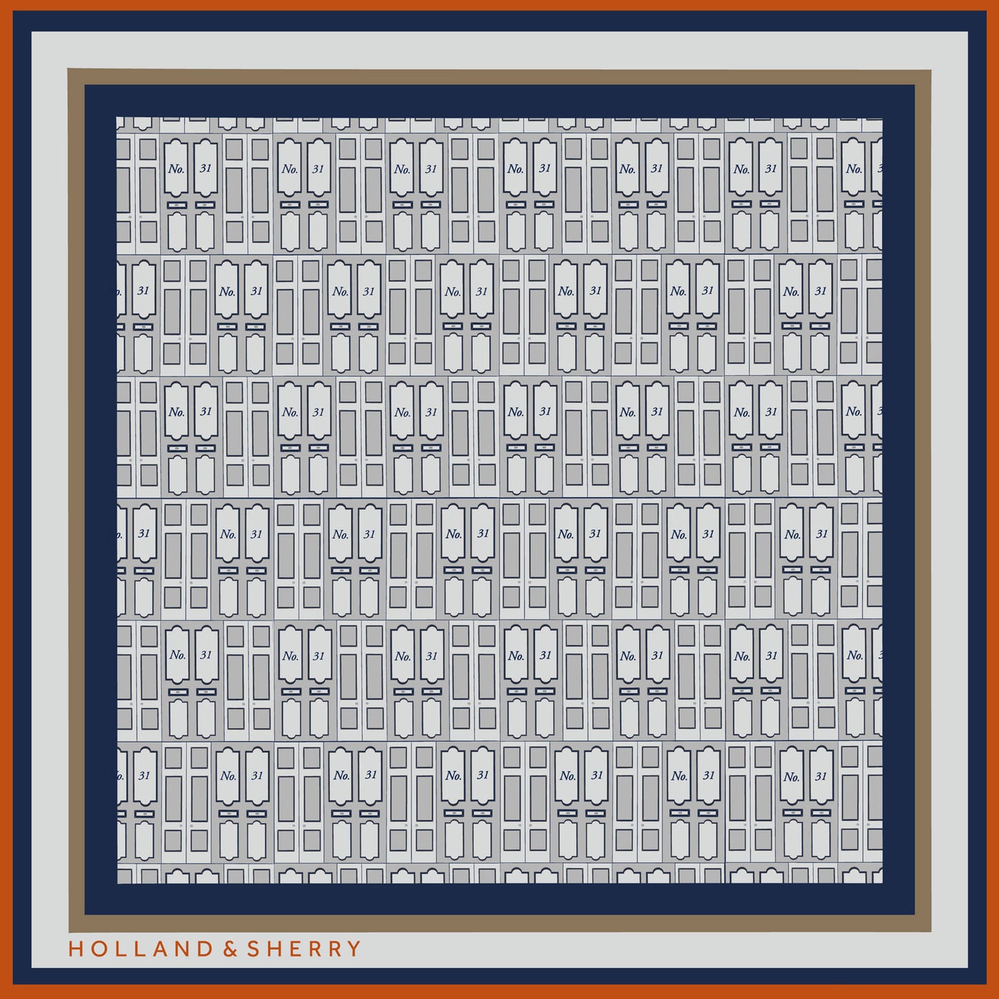 Patterned scarf with entrance door designs and  'Holland & Sherry' branding