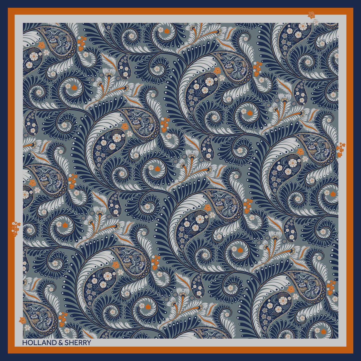 Stylised paisley-style patterned scarf with blue, orange, and light grey with 'Holland & Sherry' branding.