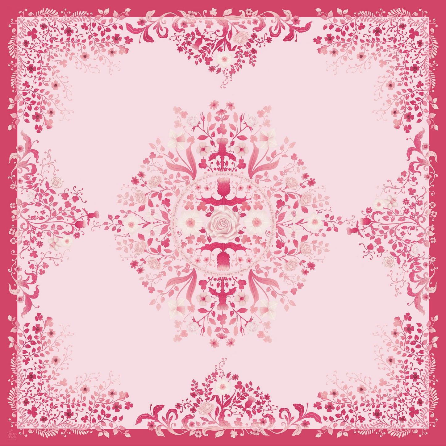 Decorative pink and white scarf fabric with a central floral design on a pink background.