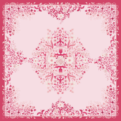 Decorative pink and white scarf fabric with a central floral design on a pink background.