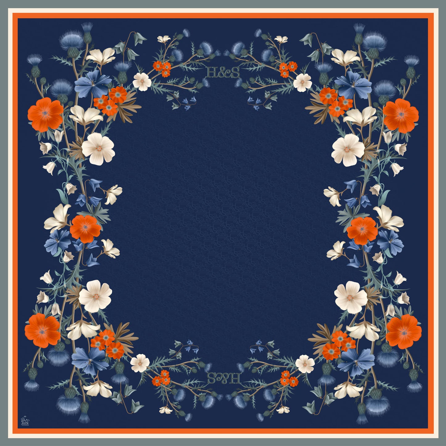 Floral silk scarf design with orange, white, and blue flowers on a navy background