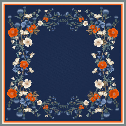 Floral silk scarf design with orange, white, and blue flowers on a navy background