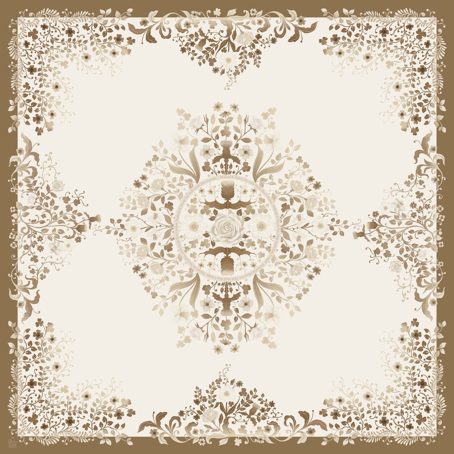 A silk scarf with a  decorative floral pattern on a gold background
