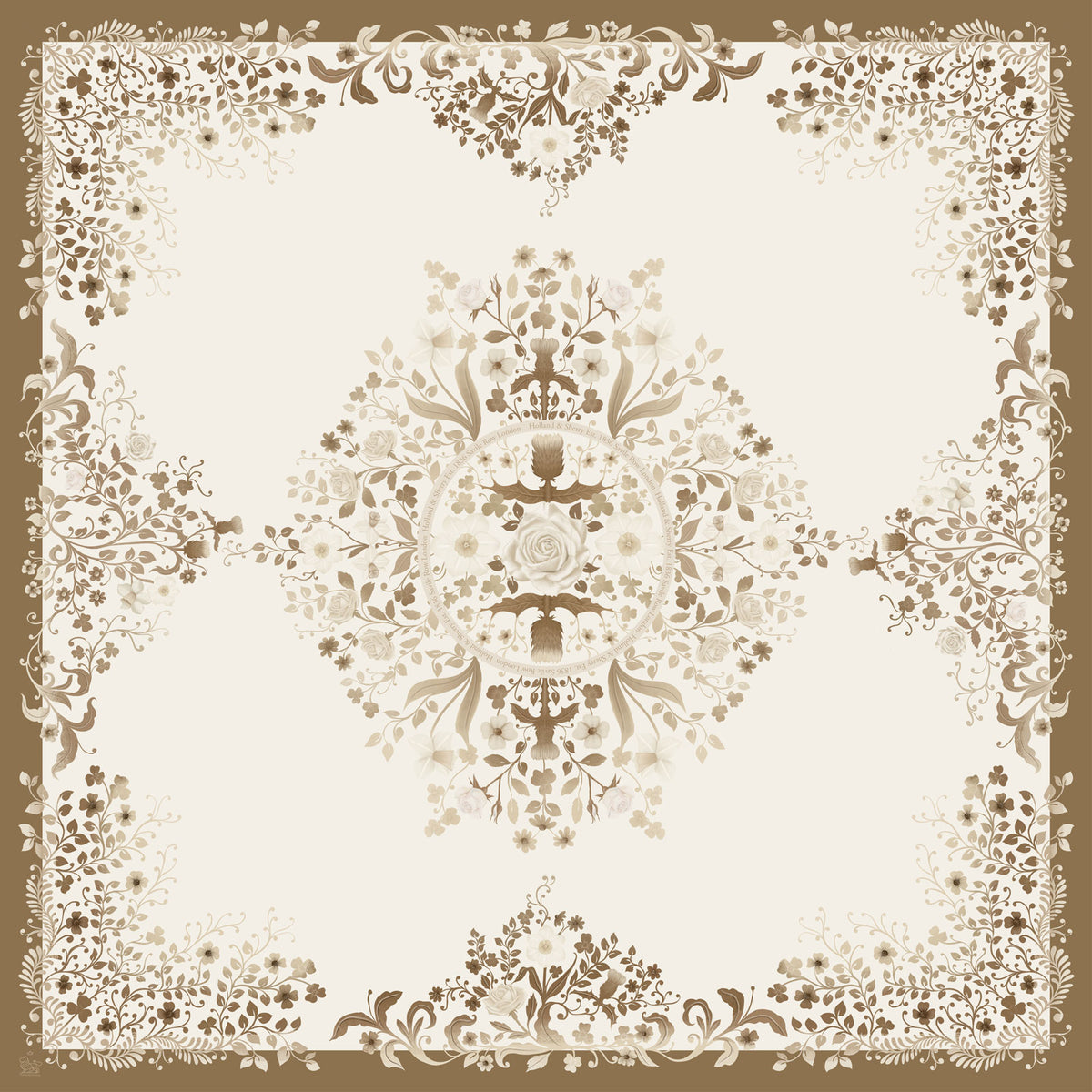 A silk scarf with a  decorative floral pattern on a gold background