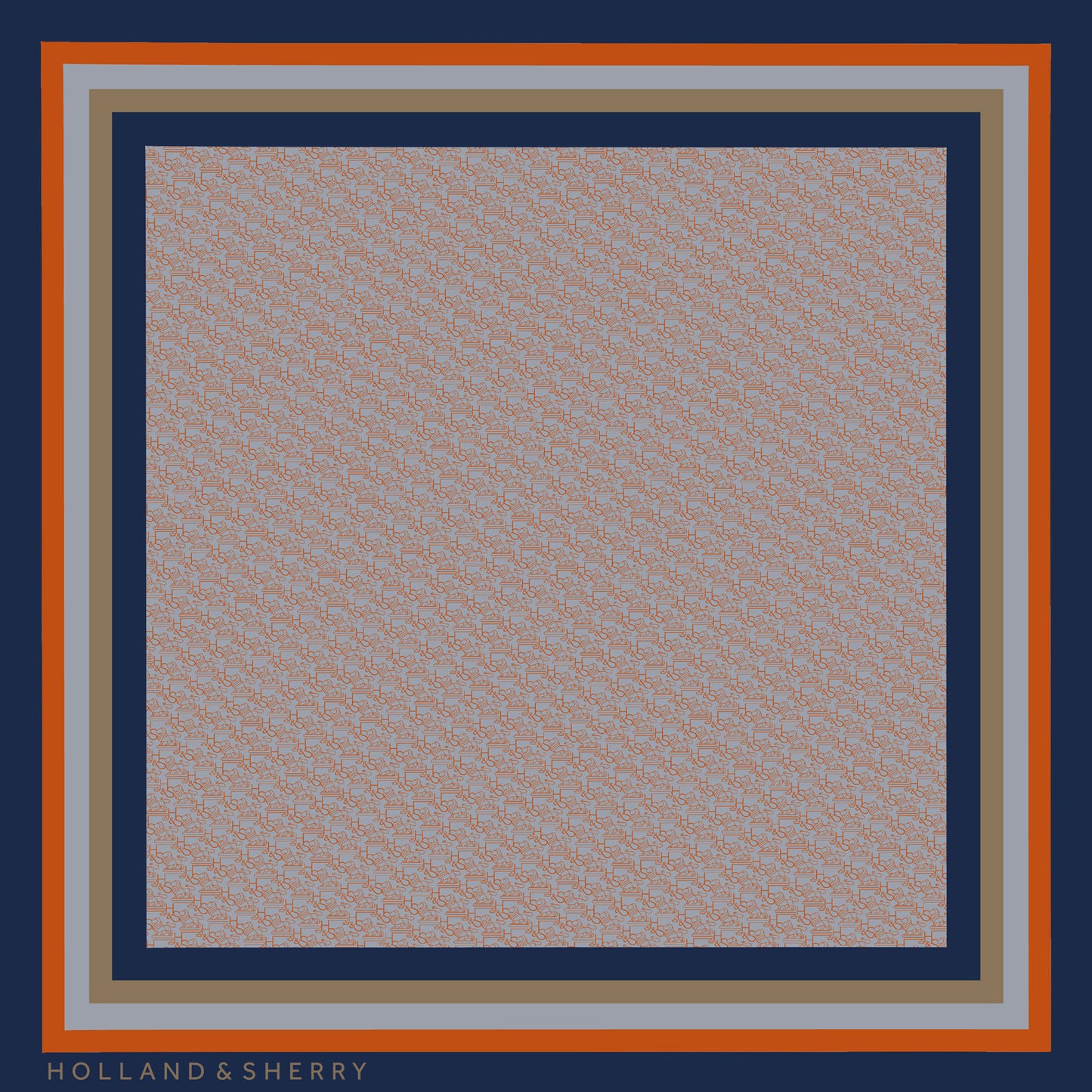 Lion-logo patterned scarf with Holland & Sherry branding with a dark blue, orange, grey and gold border.